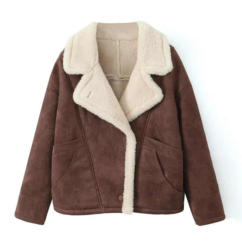 maoxiangshop - Fashion Oversize Loose Lamb Jacket For Women 2024 Winter Long Sleeve Button Fleece Coats Female Hip Hop Street Fluffy Outerwear