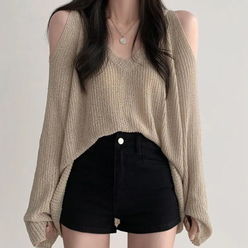 HELIAR Women V-Neck Off Shoulder Hollow Out Sweater Loose Long Sleeve Knit Thin Jumpers Streetwear Tops For Women Fall Winter