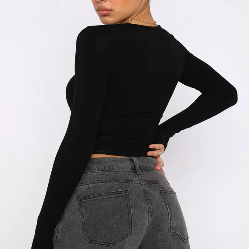maoxiangshopWomen Autumn Slim Cropped Tops Solid Color Round Neck Long Sleeve Show Navel TShirt
