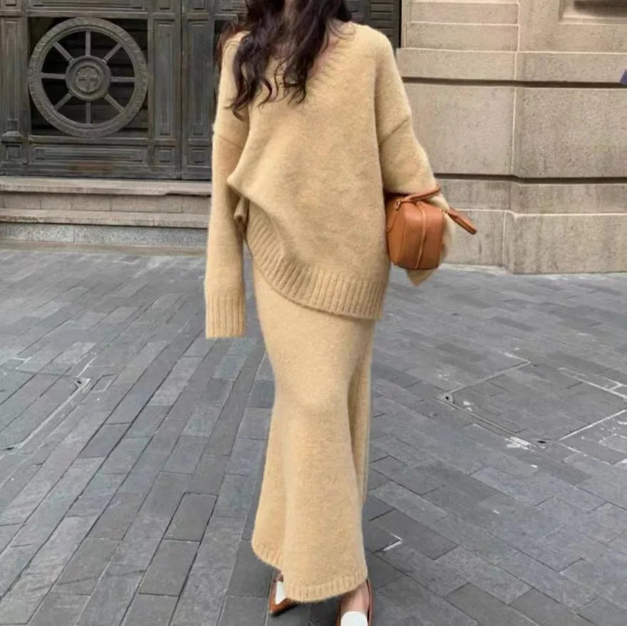 maoxiangshop - Autumn Winter Knitting Women Suit Winter Sweater Long Skirts Sets V-neck Pullover Top + High Waist Fishtail Skirt Two Piece Set