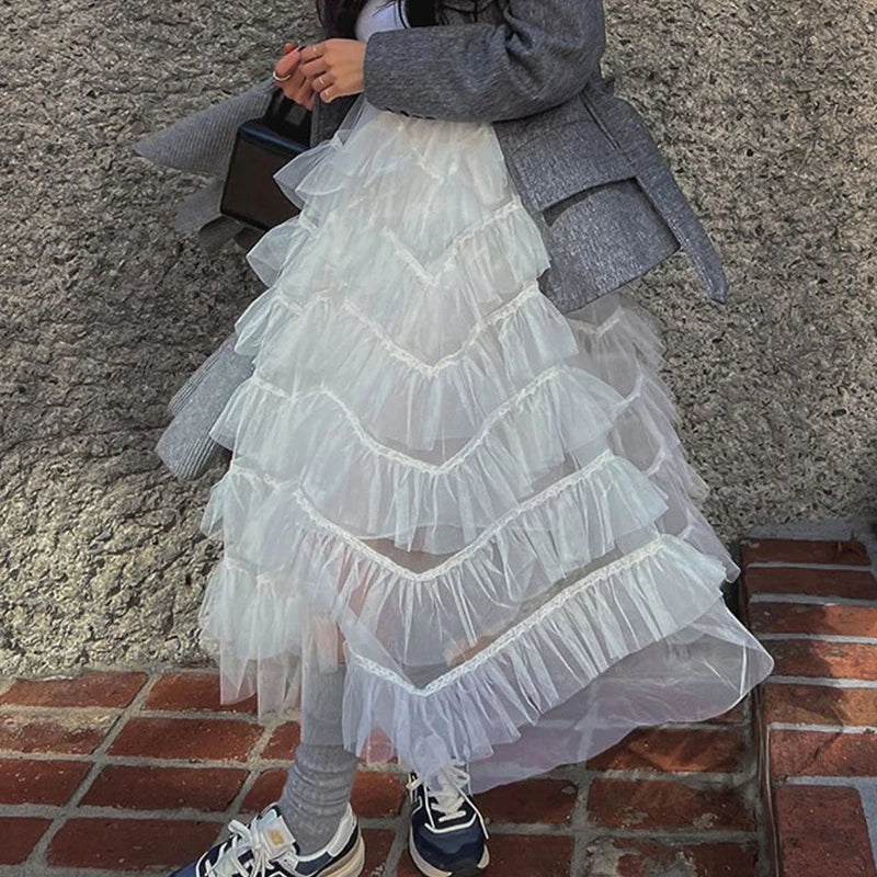 maoxiangshop - Maxi Long Tulle White Skirts for Women Gothic Patchwork Ruffles Skirt Casual Party Fairycore Summer Jupe Longue Falda Mujer