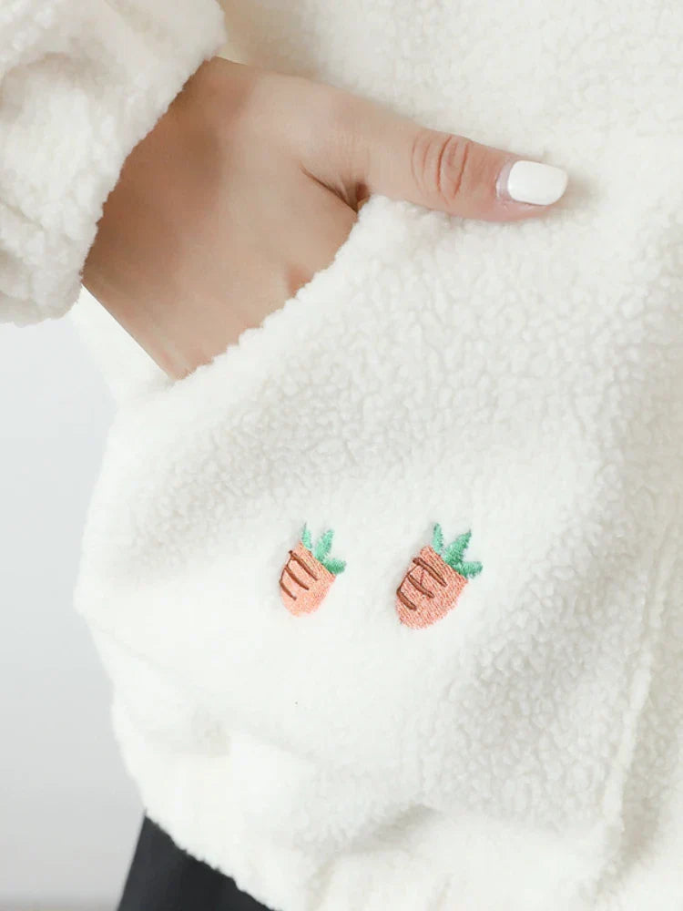 Lamb Wool Kawaii Zipper Hooded Jackets Women Cartoon Rabbit Embroidery Harajuku Warm Coat Winter Long Sleeve Thick Outwears