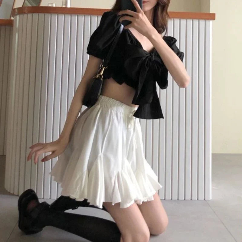 maoxiangshop Kawaii Ruffles Mini Skirt Women Korean Style White High Waist A-line Patchwork Lace-up Cute Pleated Skirt Shorts Summer