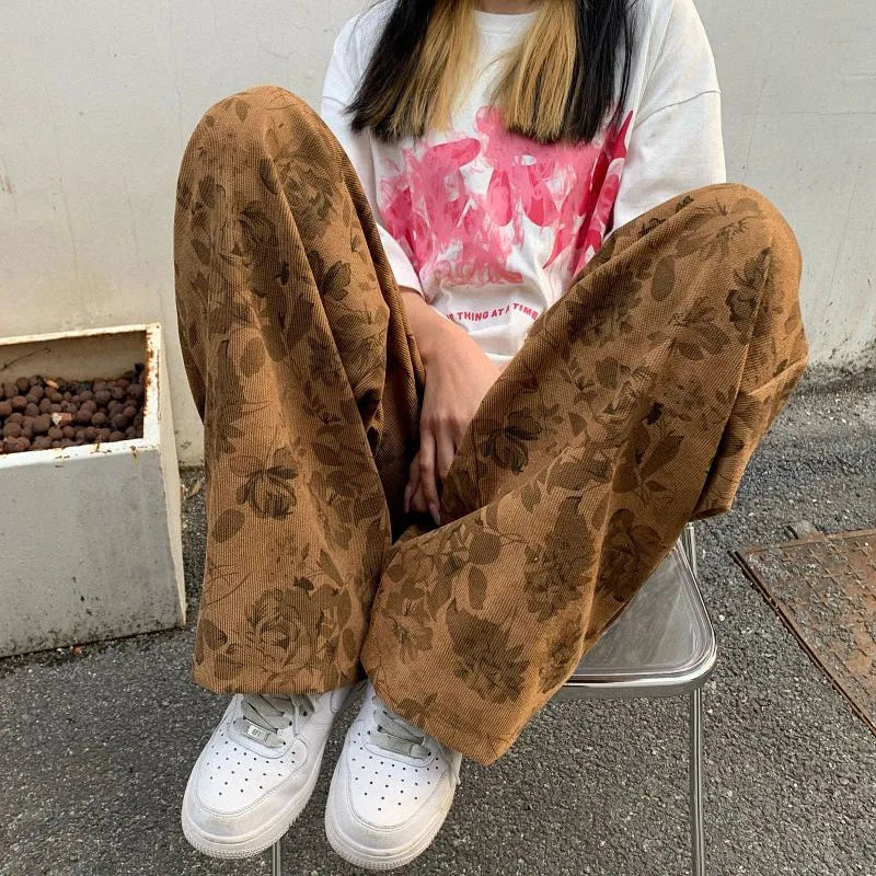 Lucyever Summer Thin Retro Corduroy Pants Women Harajuku Printed Baggy Wide Leg Trousers Teen High Street Unisex Hip Hop Pants