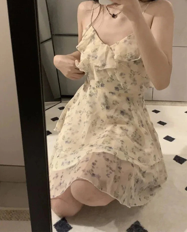 maoxiangshop DRESS TO IMPRESS Sweet Dresses for Women Fashion Floral Korean Summer Robe Femme Temperament Chiffon A-line Dress Vestidos De Mujer