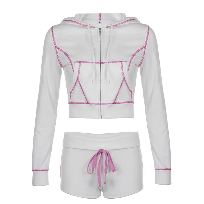 maoxiangshop - Lace Up Short Sets For Women 2 Piece Summer Outfits Autumn New Slim Knitted Hoodies And Short Suits Woman Clothes