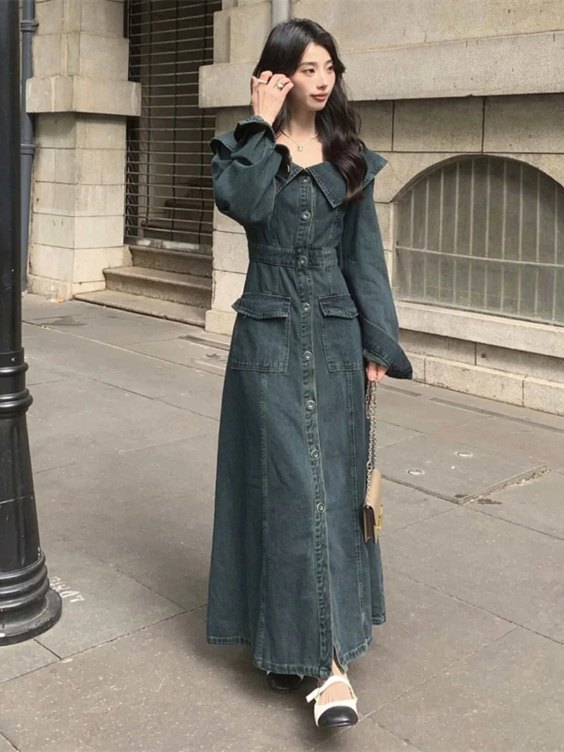 maoxiangshop - Retro Thick Denim Dress 2024 New Autumn Women's Doll Collar Single Breasted Long Sleeve Dress Fashion High Street Slimming Wear