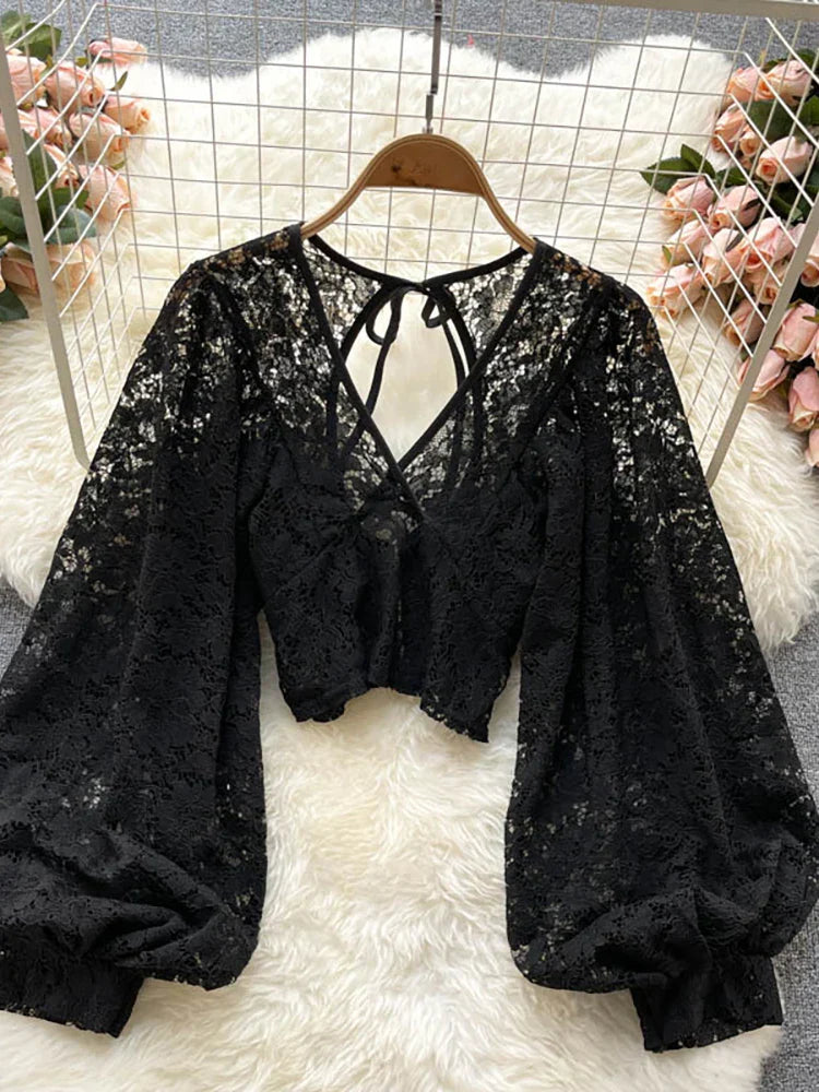 maoxiangshopAutumn Black/White/Brown Sexy Lace Blouse Women Elegant V-Neck Puff Long Sleeve Open Back Short Tops Female Party Blusas
