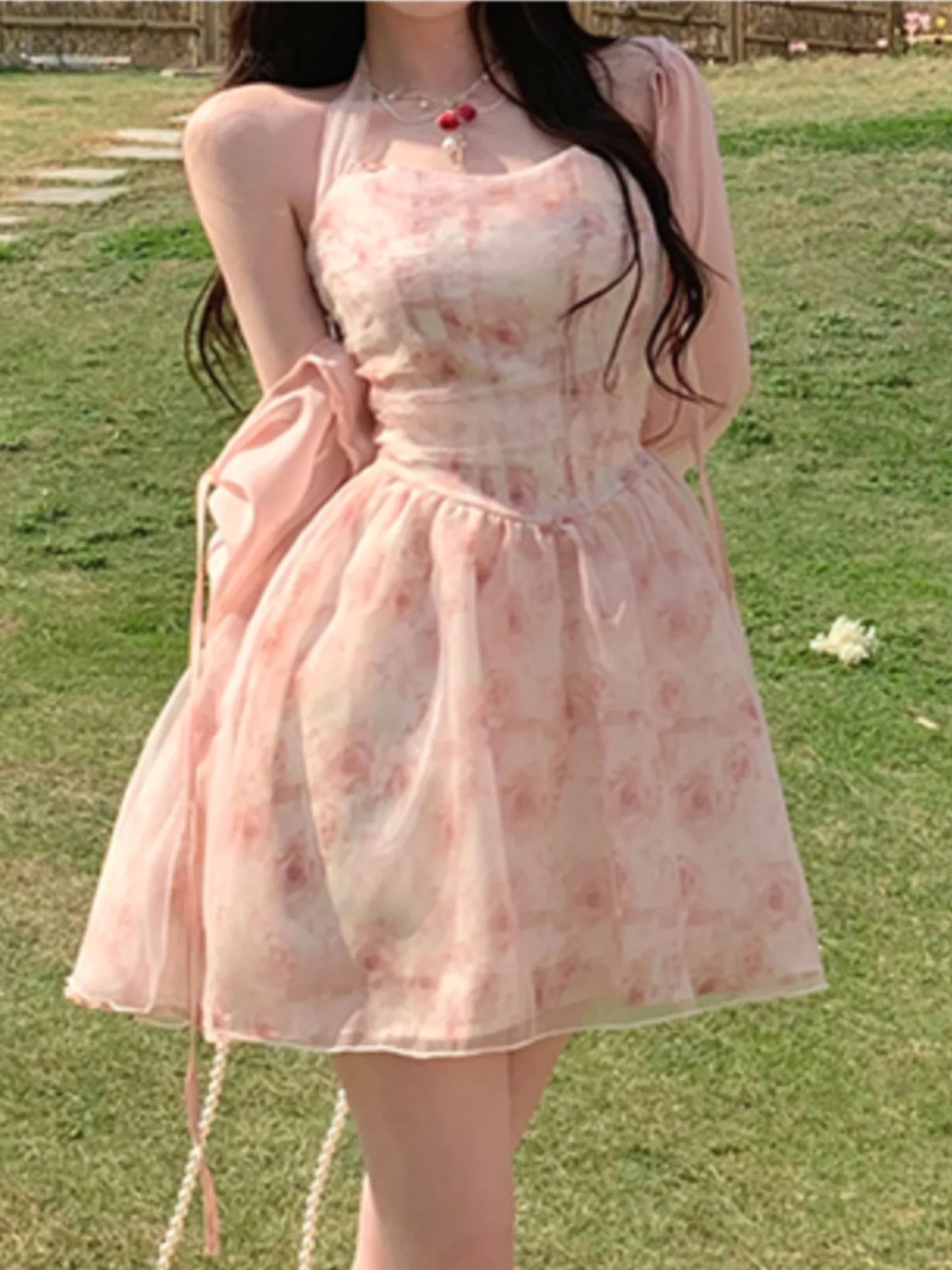Summer Elegant Korean Sweet Pink Halter Dress Women Casual Y2K Print Chiffon Sleeveless Party Vestidos Fairy Princess Clothes