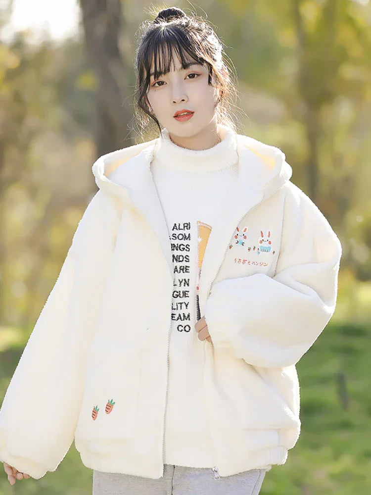 Lamb Wool Kawaii Zipper Hooded Jackets Women Cartoon Rabbit Embroidery Harajuku Warm Coat Winter Long Sleeve Thick Outwears