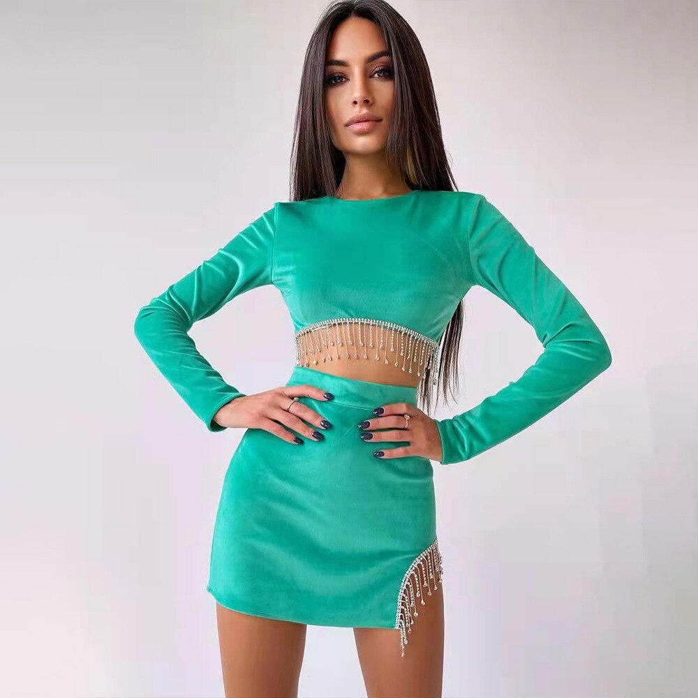 Y2K Summer Fashion Black Sexy Mini Dress Two-Piece Suit Long Sleeves Top And Split Skirts Sets For Women‘s Clothes Party