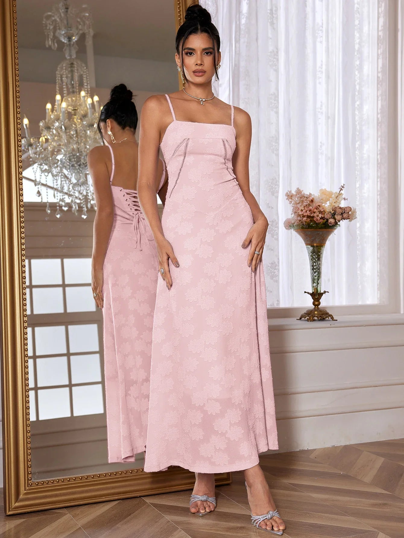 See Through Beach Spaghetti Maxi Dress For Women Plunge Shoulder Floral Mesh Patchwork Long Holiday Dress Femme