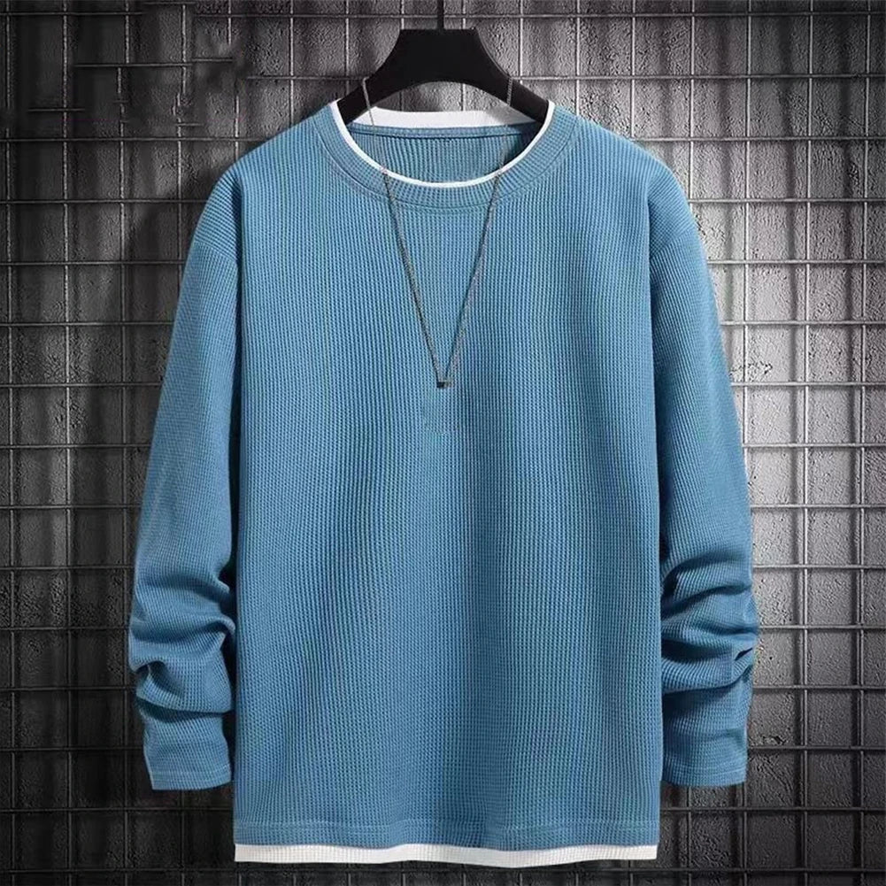 maoxiangshop Autumn Men's Round Neck T-Shirts Fashion Fake-two Pieces Street Long Sleeve T-shirt Sports Athletic Pullover Blouse Tops For Man