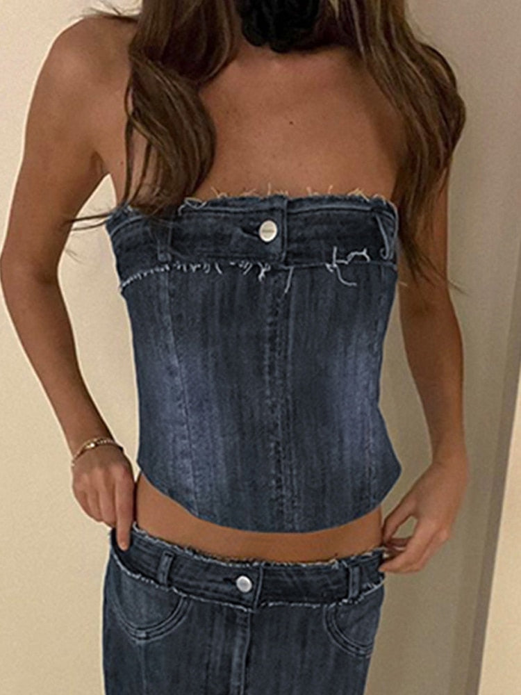 maoxiangshop Sexy Denim Skirt Women Set Tube Tops Fur Edge Mermaid Dress Female Streetwear Set Summer Slim Sleeveless Spicy Suits