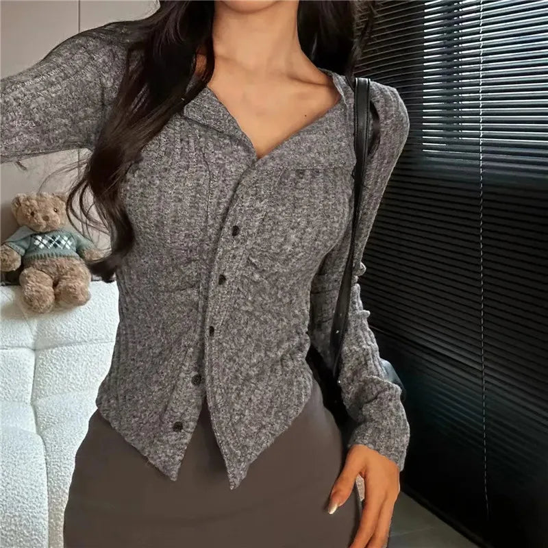 Y2k Knitted Cardigan Women Collar Sweater Coat Vintage Long Sleeve Single Breasted Top Autumn Fashion Girls Knitwear Jumper
