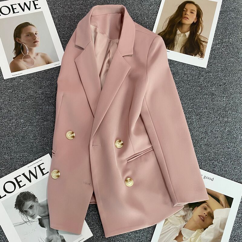 maoxiangshop Women Casual Blazer Double Breasted Suit Jacket Korean Version Pure Color Loose Fashion Suit Jacket Simple Office Ladies Tops
