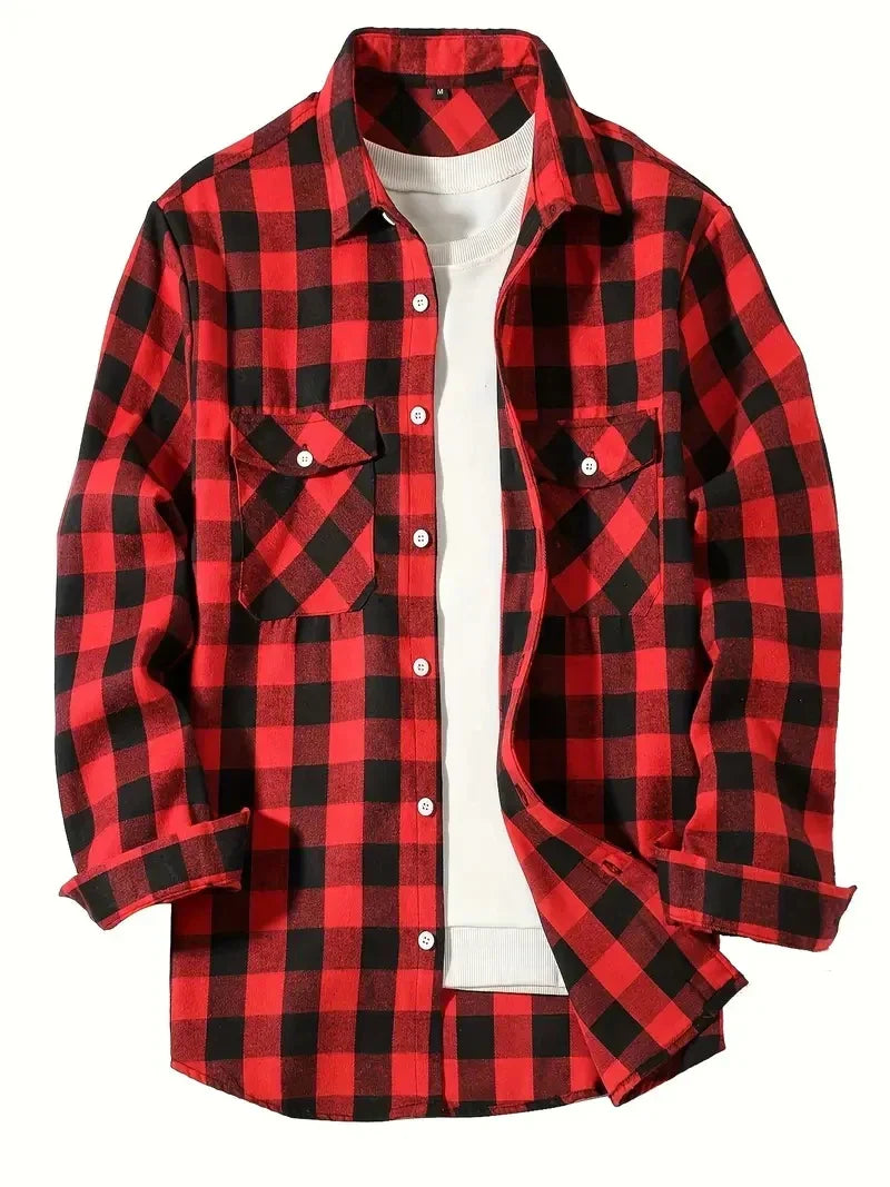 maoxiangshop Men's Shirts Button-Up Classic Plaid Smart Casual Flannel Shirt Long Sleeved Chest Two Pockets Design Spring Autumn Men Tops