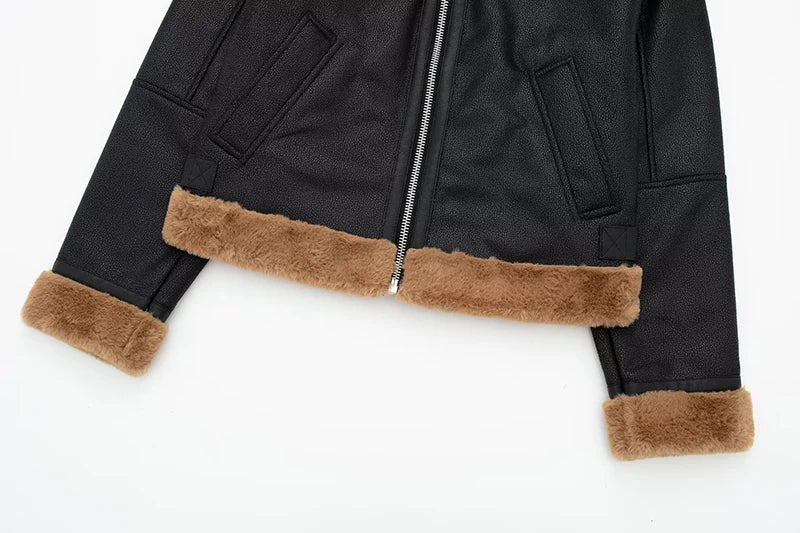maoxiangshop - Loose Moto Biker Winter Shearling Sheepskin Leather Jackets Streetwear Thicken Parka Faux Leather Lamb Fur Outwear