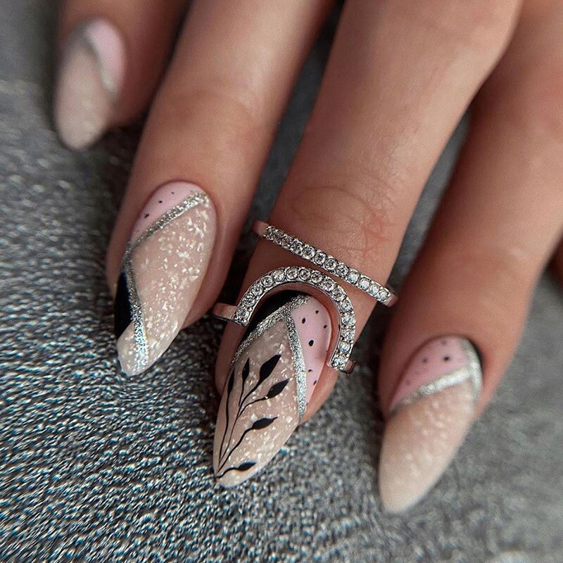 24Pcs False Nails With Glue Almond Pink Butterfly Design Detachable Rhinestones Acrylic Fake Nails long stiletto Press On Nails