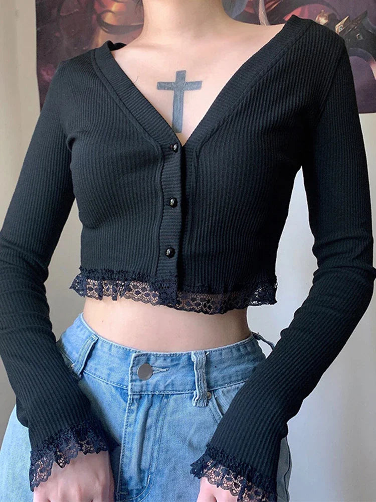 maoxiangshop Gothic Dark Black Punk Sexy Lace Patchwork Knitted T-shirt Women Long Sleeve V-neck Slim Street Bottom Cardigan Female