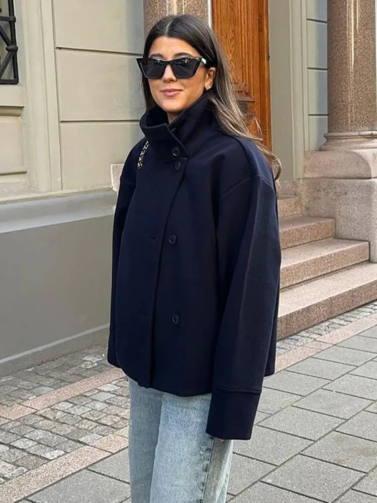 maoxiangshop - Casual Solid Stand Collar Women Overcoat Vintage Female Single Breasted Loose Coat Autumn Commute Lady Streetwear Jackets