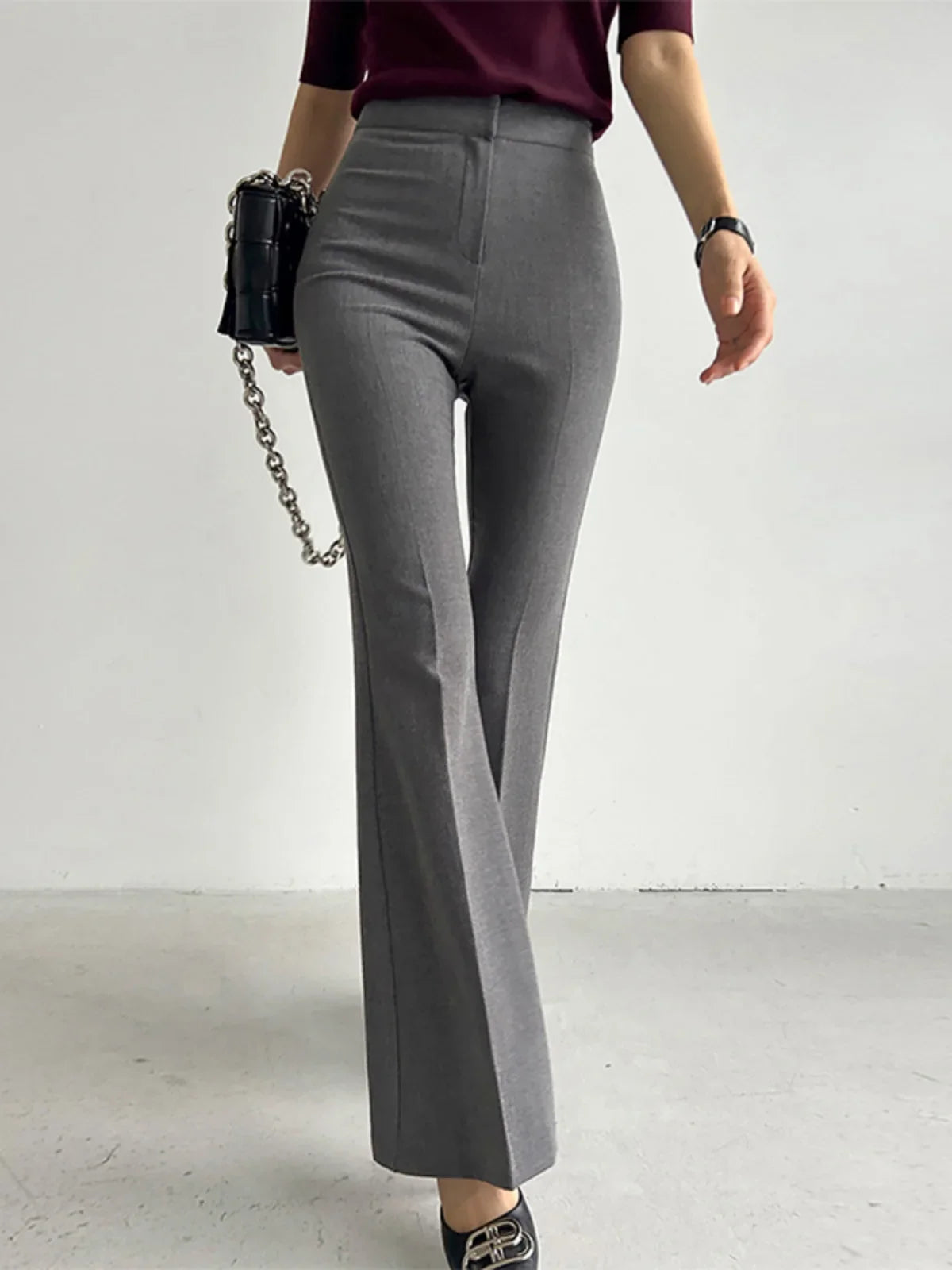 maoxiangshop - Elegant Women Grey Flare Suit Pants Loose 2024 Autumn Office Ladies Korean High Waist Pockets Casual Trousers
