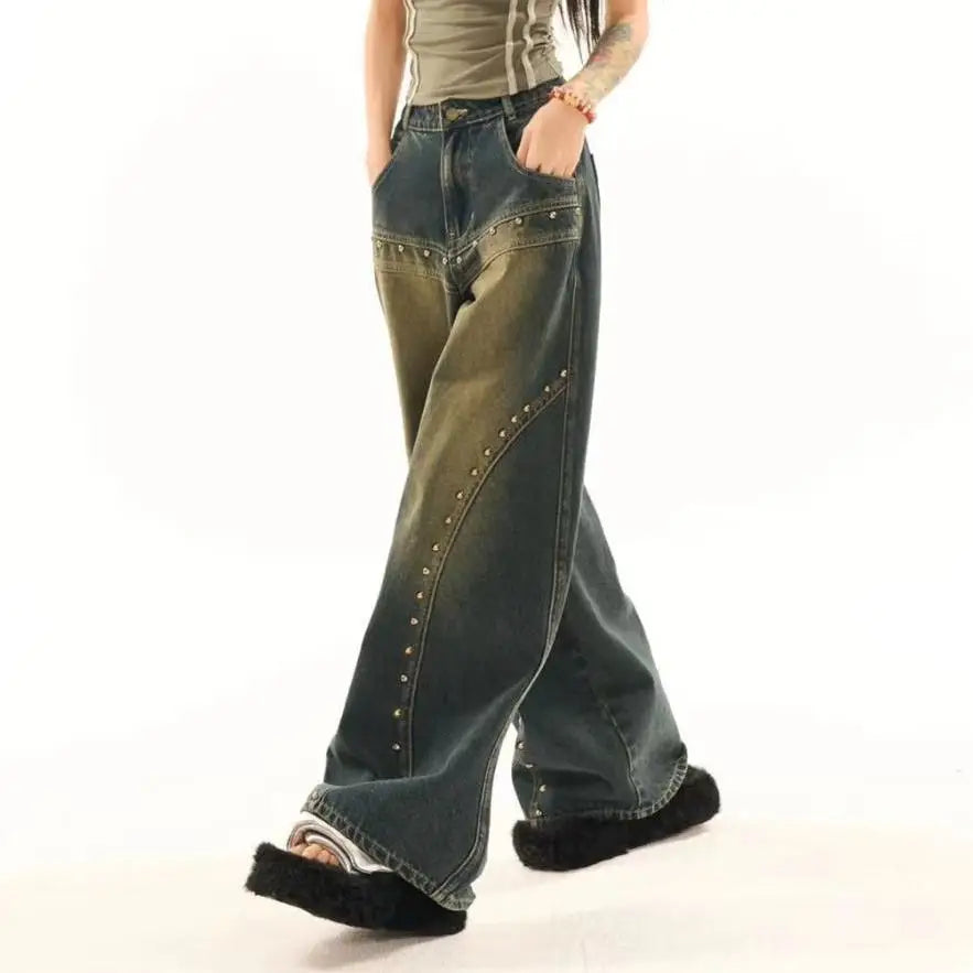 American Vintage Washed Blue High Waisted Jeans Fashion Street Loose Wide Leg Pants Harajuku Style Hip-hop Hot Girl Y2k Trousers
