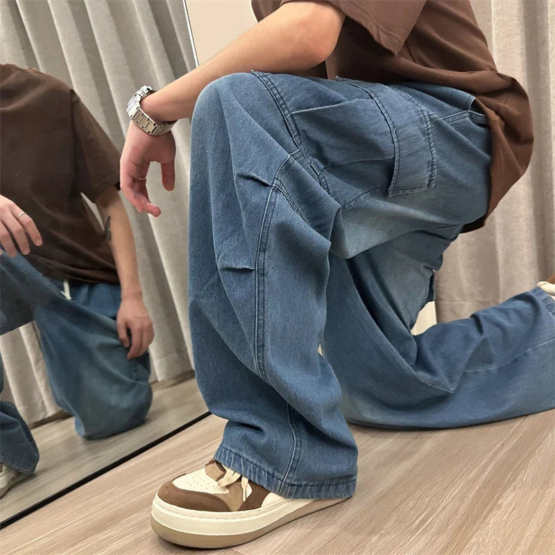maoxiangshop Men Jeans Loose Straight Wide Leg Denim Pants Men's Hip Hop Streetwear Skateboard Neutral denim Trousers Mopping Cargo jeans