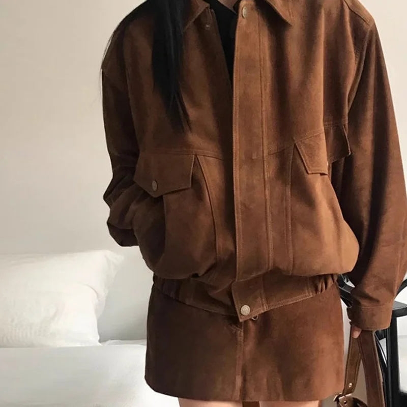 maoxiangshop - Autumn Vintage 2 Piece Sets Laple Neck Long Sleeve Zipper Women Baseball Jacket High Waist A-line Skirts Casual 2 Piece Outfits