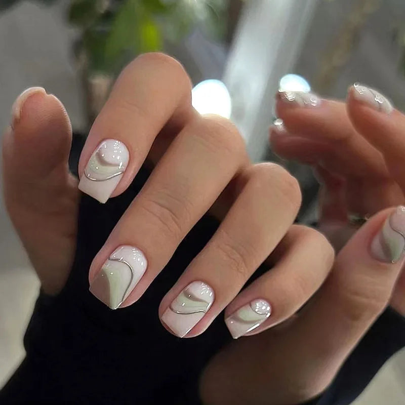 maoxiangshop 24Pcs Long Square Head False Nails with Gold Foil Design Wearable Black French Fake Nail Glitter Coffin Full Cover Press on Nail