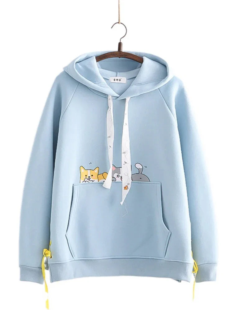 Shiba Inu Print Kawaii Women Hoodies Chic Drawstring Harajuku Cute Hooded Sweatshirts Winter Long Sleeve Female Sweet Tops