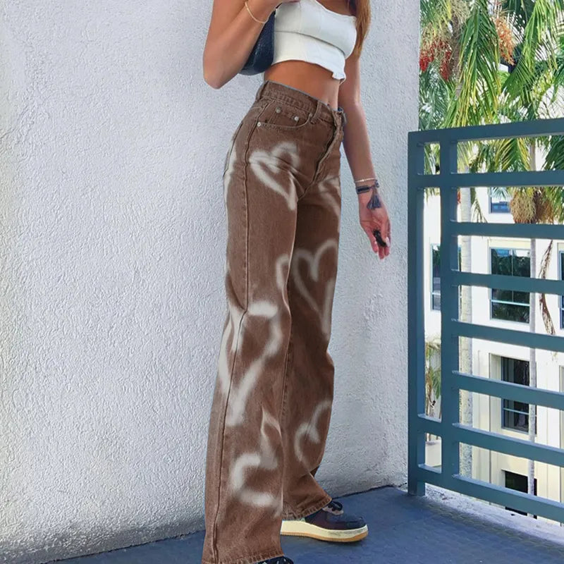 maoxiangshopBrown Baggy Girl Jeans Women Heart Print New Aesthetic Vintage 90s Streetwear Denim Trousers Low Waist Straight Pants