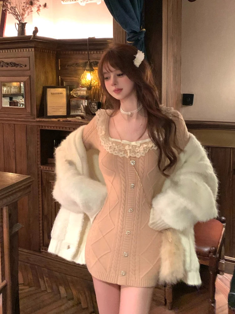 maoxiangshop Autumn Elegant Slim Knitting Lace Dress Women Sexy Bodycon Y2k Mini Dress Casual Short Party Korean Fashion Dress Design