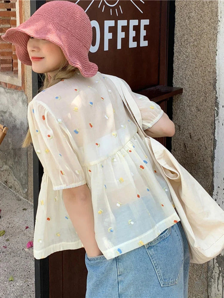 maoxiangshop Kawaii Blouses Women Cute Chic Korean Fashion Loose V-Neck Puff Sleeve Casual Shirt for Girls Vintage Sweet Crop Top