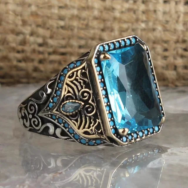 maoxiangshop Retro Handmade Turkish Signet Rings for Men Ancient Silver Color Carved Ring Mystic Zircon Inlay New Punk Motor Biker Ring