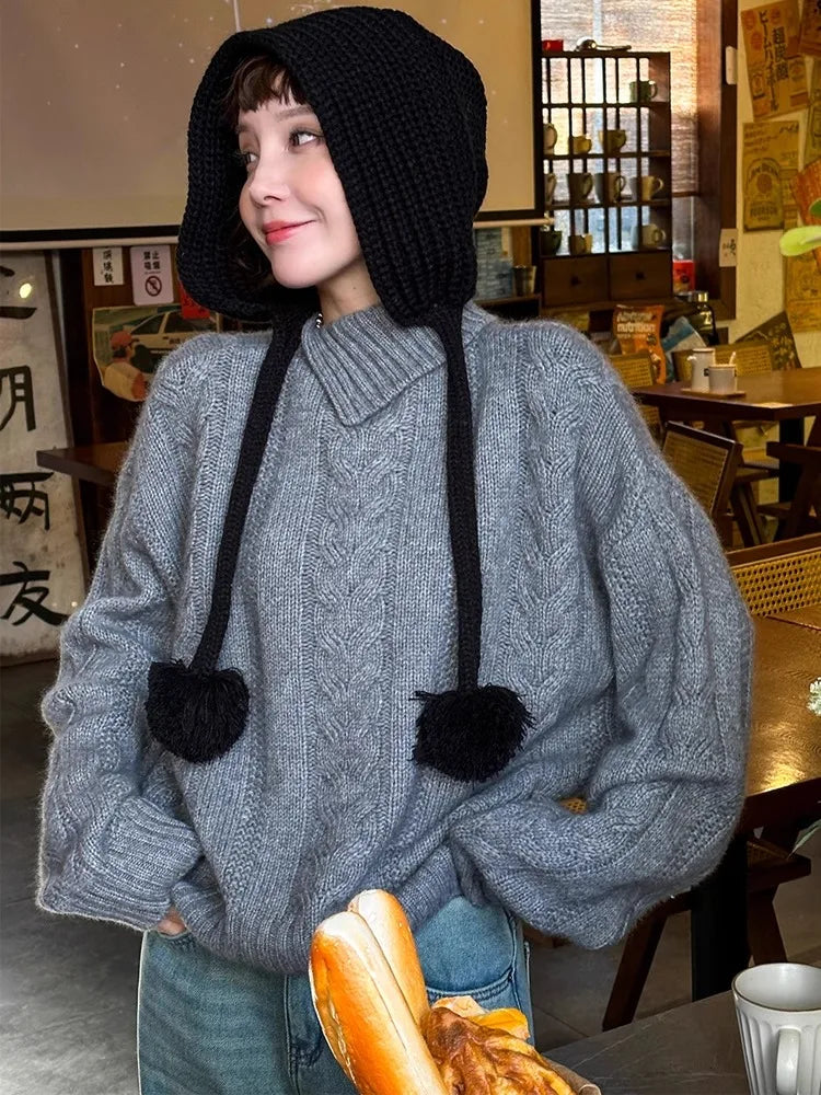 maoxiangshop - Irregular Neckline Fried Dough Twists Sweater Women's Autumn And Winter Temperament Semi High Collar Short Knitting Top