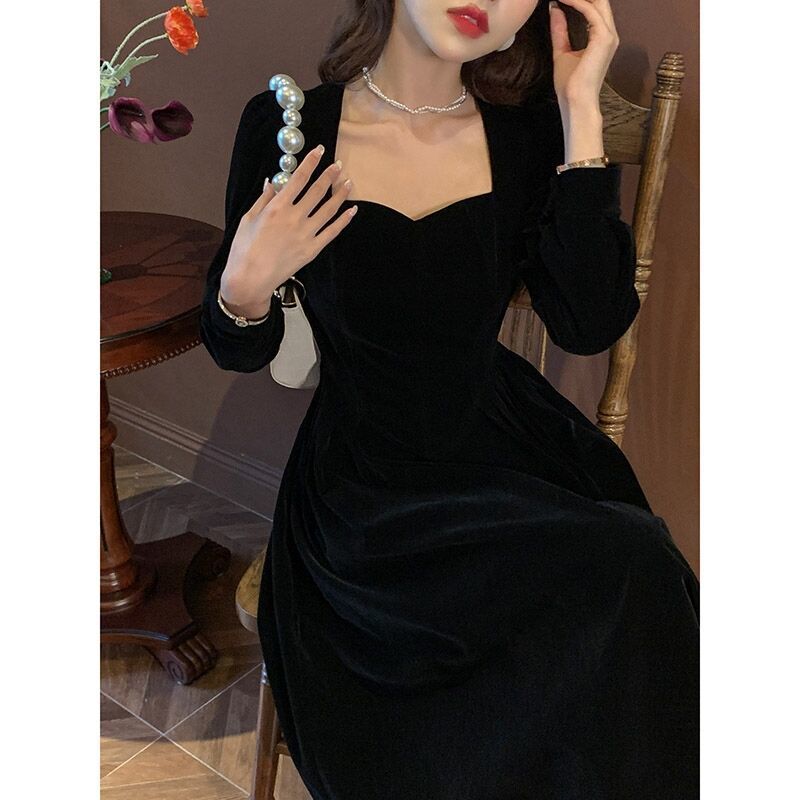 maoxiangshop Winter Black Velvet Dress Women France Vintage Party Dresses Long Evening Elegant One Piece Dress Korea Female Clothing New
