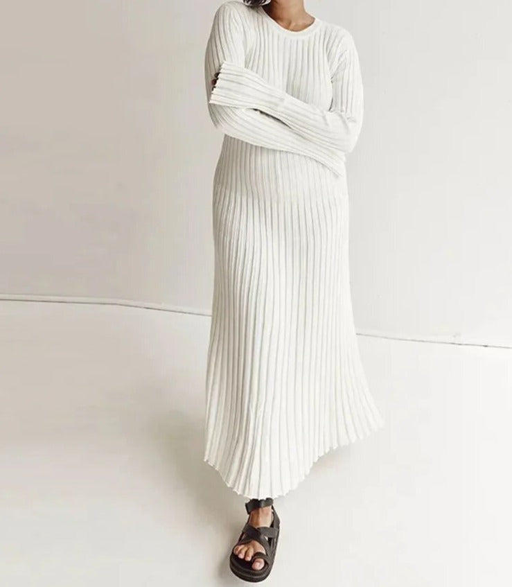 maoxiangshop Women Knitted Long Dress Casual Solid Color O-neck Ribbed Long Sleeve Pleated Dresses Elegant Lace Up Bodycon Maxi Dress Robe