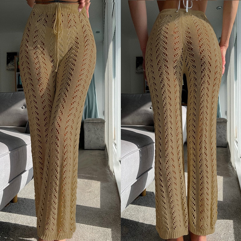 maoxiangshop Cover Up Swimwear Women Beach Fashion Swimsuit And Bikini Outputs Canister Knit Hollow Out Lace Trousers Leisure Solid