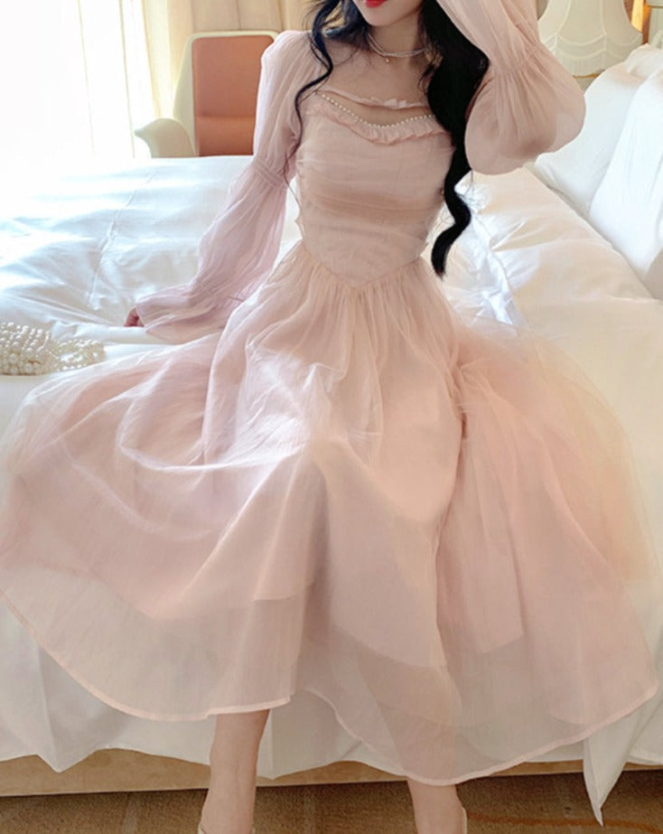 maoxiangshop Elegant Evening Party Midi Dress Women Bubble Sleeve French Vintage Sweet Dress Female Pink Korean Style Fairy Dress Autumn