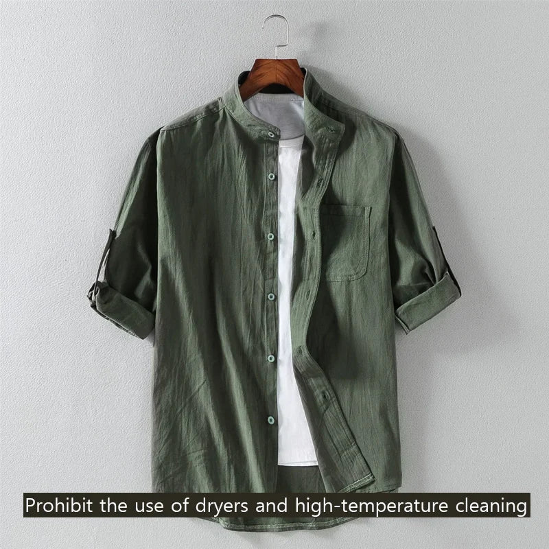 maoxiangshop Spring and Summer Stand Collar Five-point Mid-sleeve Fashionable Men's Short-sleeved Shirt Seven-point Sleeve Large Size Men's