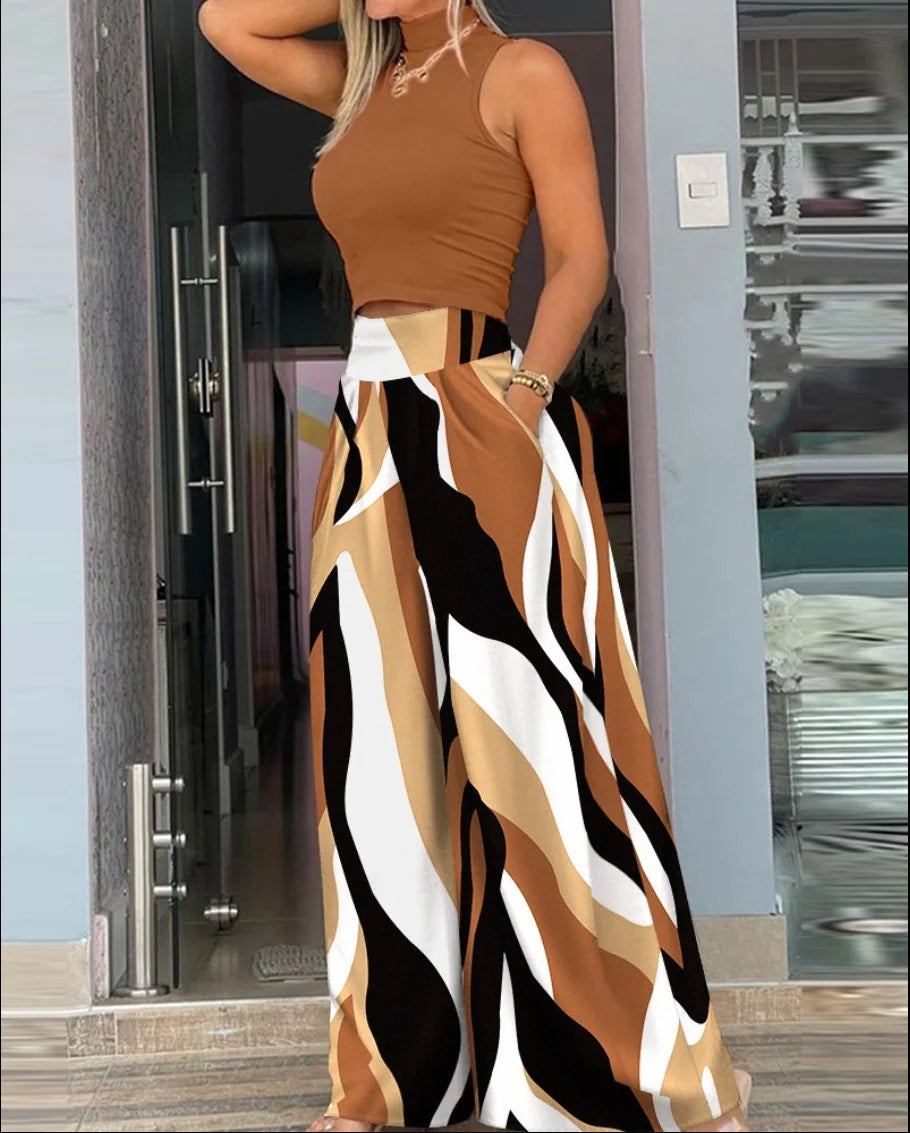maoxiangshop Sexy Off Shoulder Sleeveless Blouse Pants Set Office Lady Spring Summer Print Tops Trousers Two Piece Set Women Outfit