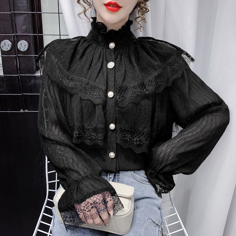 maoxiangshop Solid Patchwork Elegant Blouse Women Spring Lace Designer Chiffon Bouse Female Office Lady Casual French Korean Tops Women