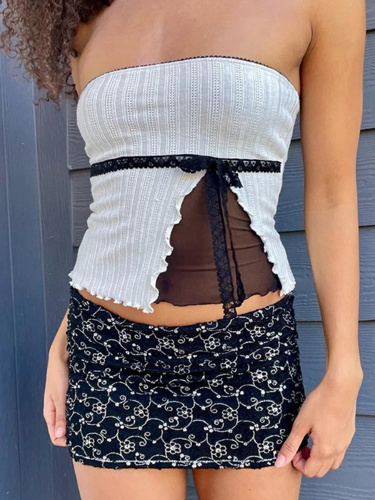 maoxiangshop - Splice Mesh Slim Crop Tops For Women Sleeveless Off Shoulder Sexy Backless Cute Top Ladies Bow Bandage Short Tees Femme