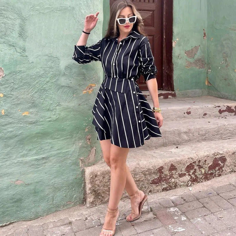 maoxiangshop - Women Mini Shirt Dress Autumn New Single Breasted Dress Female Vintage Striped Long Sleeve Dress Lady Casual Slim Dresses
