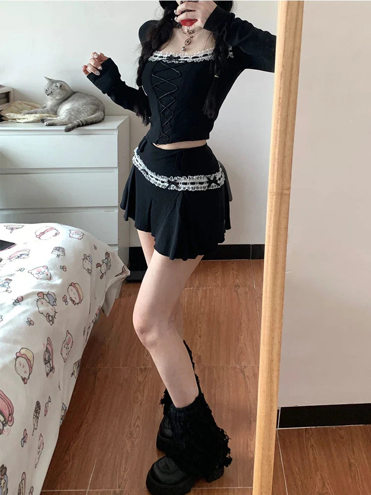 Women Dark Academia Y2k 2000s Aesthetic Rave Night Club Outfits 2 Piece Set Long Sleeve T-Shirts Crop Tops + Mini Pleated Skirts