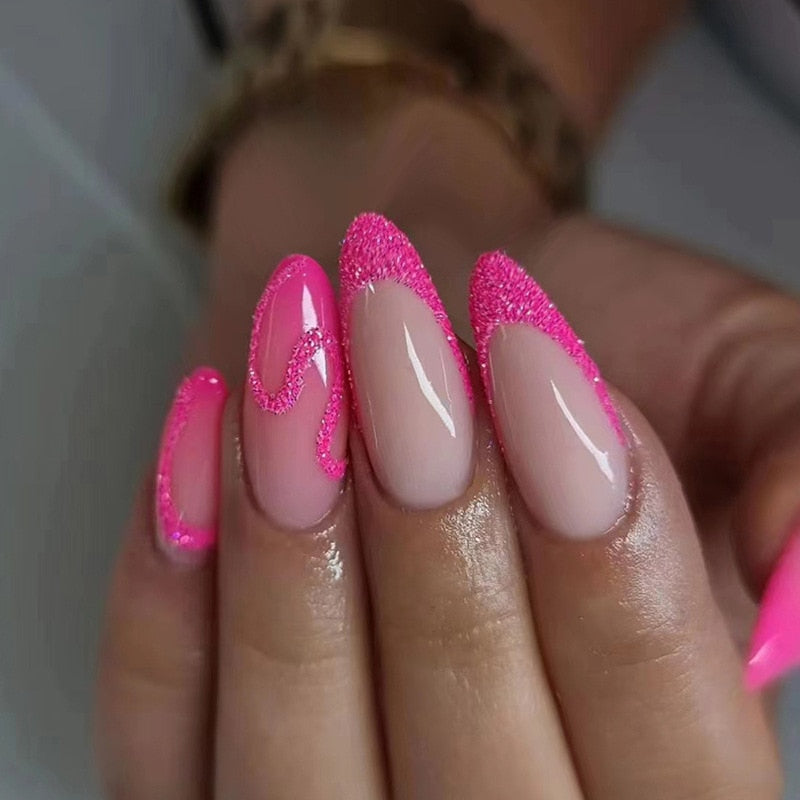 24Pcs False Nails With Glue Almond Pink Butterfly Design Detachable Rhinestones Acrylic Fake Nails long stiletto Press On Nails