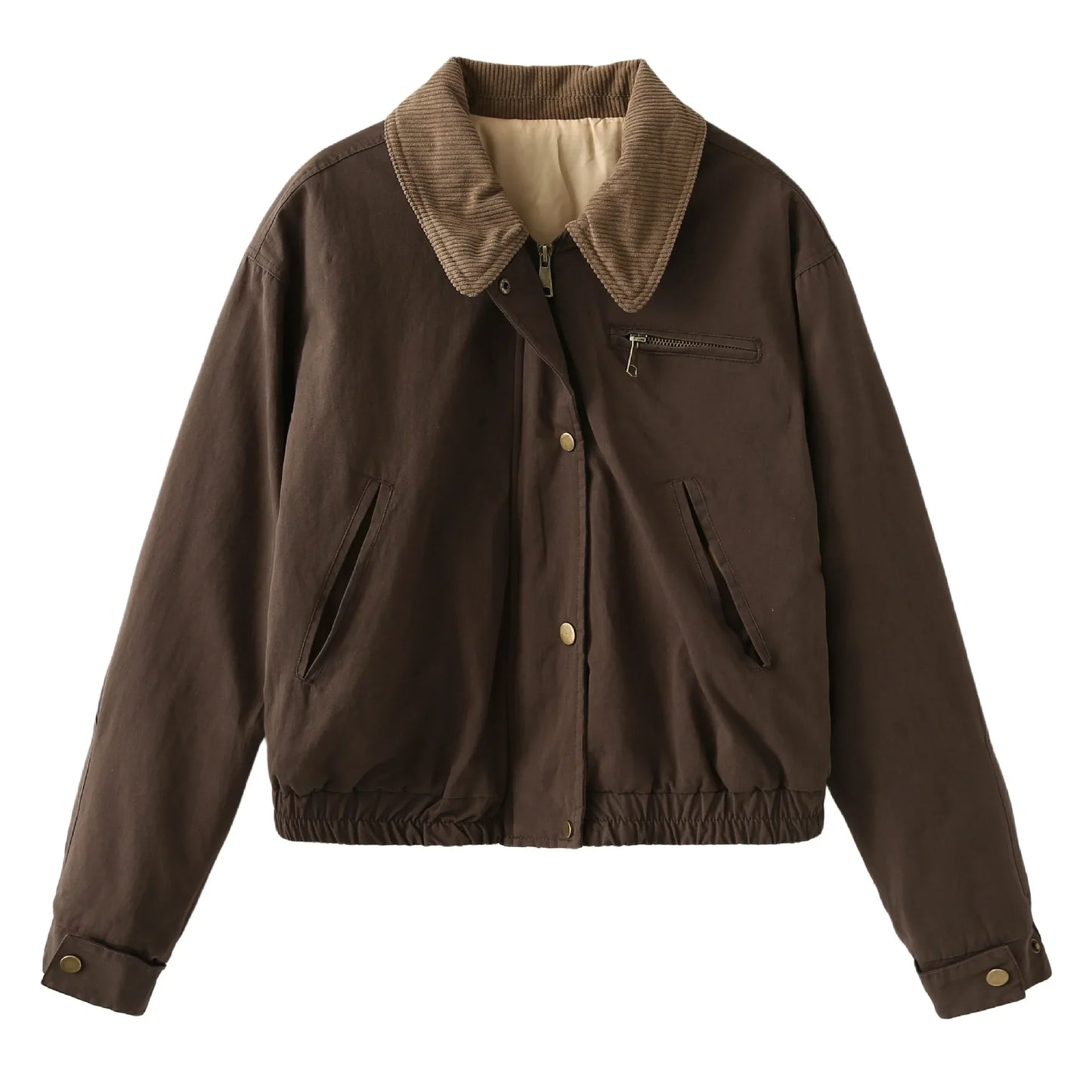maoxiangshop - Autumn New Solid Zipper Jacket Women Chic Button Up Turndown Collar Cropped Jacket Streetwear Vintage Long Sleeve Outerwear 2024