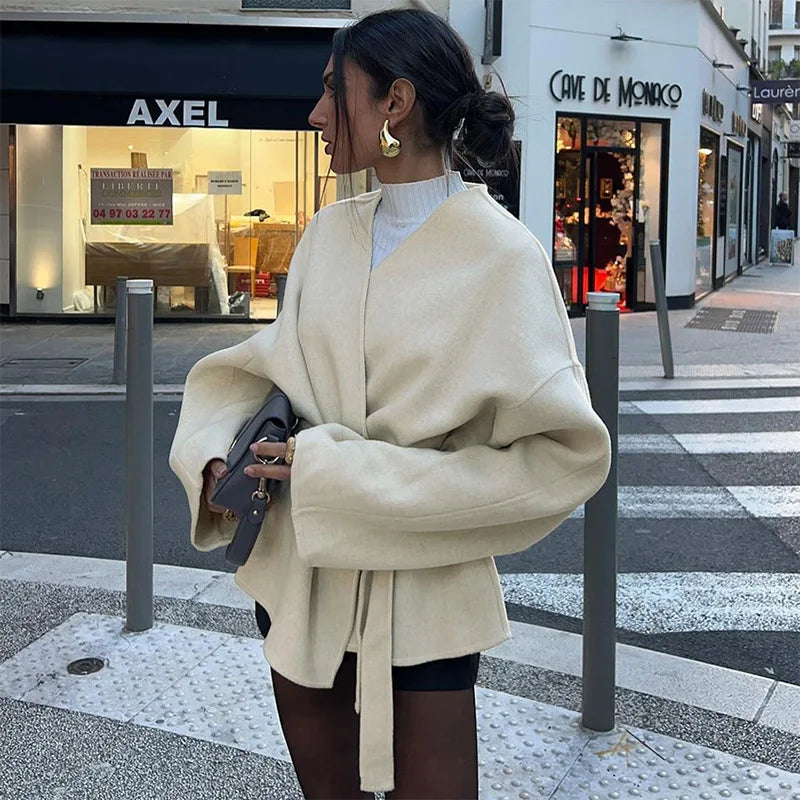 maoxiangshop - Elegant Fleece Women's Coat With Belt Solid V-neck Long Sleeve Lace Up Jacket Cardigan Autumn Winter Coats Female Tops Outwear