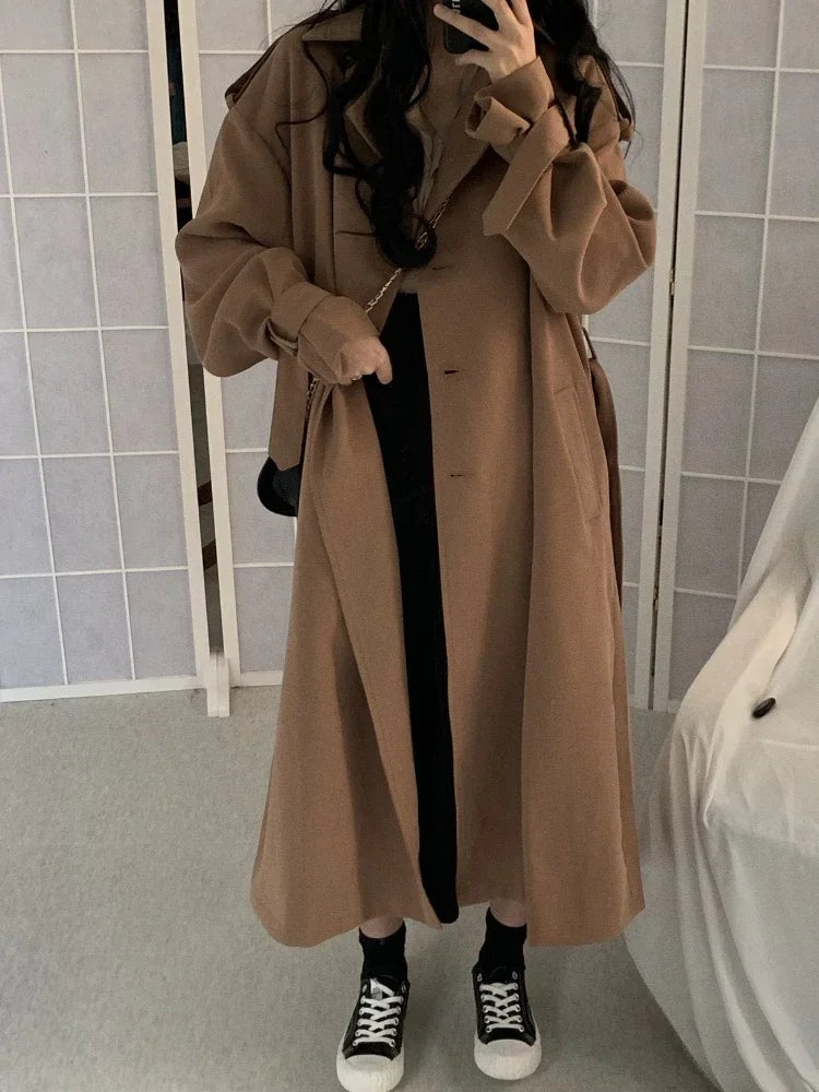 Autumn Long Coats Woman Winter 2023 Tops Solid Lapel Double-breasted Oversized Windbreaker Jacket Trench Coat for Women Clothes